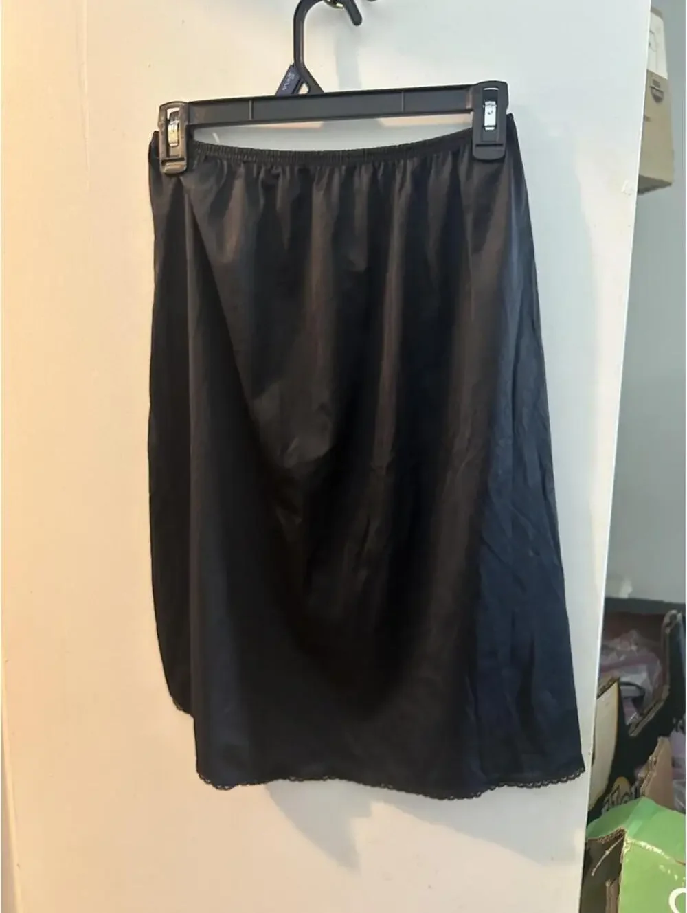 Vintage Vasserette Black silk slip skirt with lace trim and elastic waistband